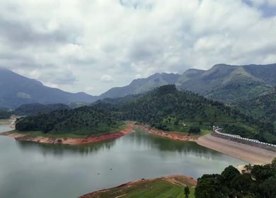 Aerial View of Mountain Reservoir and Tea Plantations in Munnar, Kerala, India