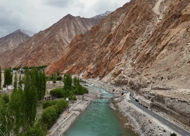 Aerial View of Mountain River and Himalayan Landscape in Ladakh India