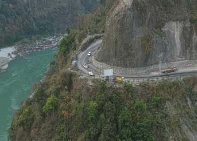 Aerial View of Mountain Road Along River Valley Near Devprayag Uttarakhand India