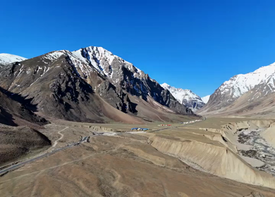 Aerial View of Mountain Road and Snow Capped Peaks in Ladakh India