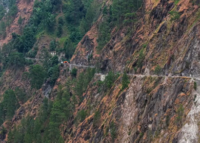Aerial View of Winding Mountain Road in Pangi Valley, Himachal Pradesh, India