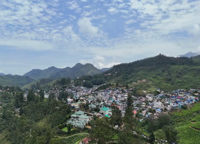 Aerial View of Munnar Town Surrounded by Tea Plantations and Western Ghats, Kerala, India