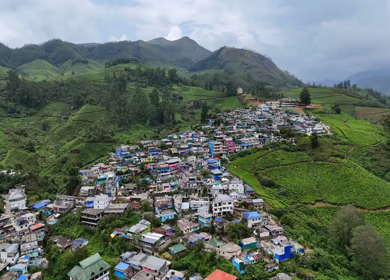 Aerial View of Munnar Town Surrounded by Tea Plantations and Western Ghats, Kerala, India