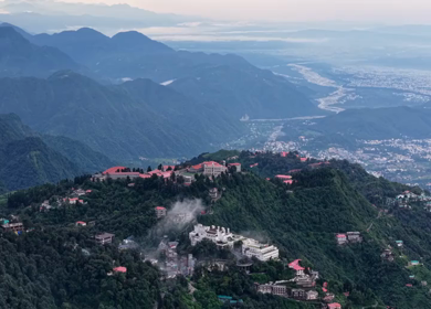 Aerial View of Mussoorie Covered by Monsoon Clouds, Uttarakhand, India