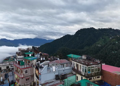 Aerial View of Mussoorie Covered by Monsoon Clouds, Uttarakhand, India