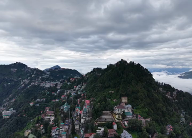 Aerial View of Mussoorie Covered by Monsoon Clouds, Uttarakhand, India