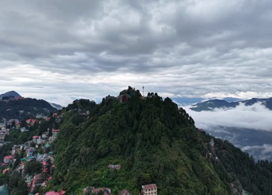 Aerial View of Mussoorie Covered by Monsoon Clouds, Uttarakhand, India