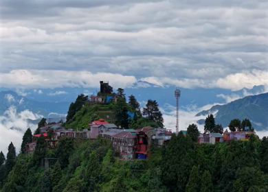Aerial View of Mussoorie Covered by Monsoon Clouds, Uttarakhand, India