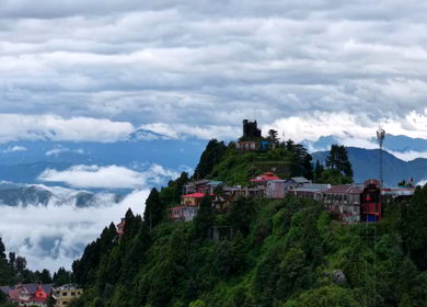 Aerial View of Mussoorie Covered by Monsoon Clouds, Uttarakhand, India