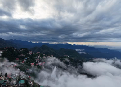 Aerial View of Mussoorie Covered by Monsoon Clouds, Uttarakhand, India