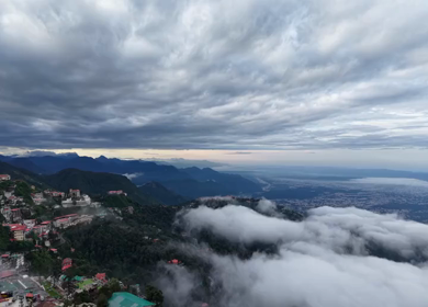 Aerial View of Mussoorie Covered by Monsoon Clouds, Uttarakhand, India