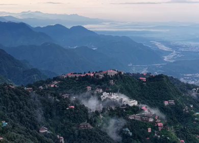 Aerial View of Mussoorie Covered by Monsoon Clouds, Uttarakhand, India
