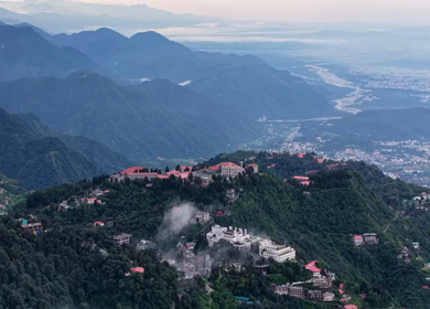 Aerial View of Mussoorie Covered by Monsoon Clouds, Uttarakhand, India