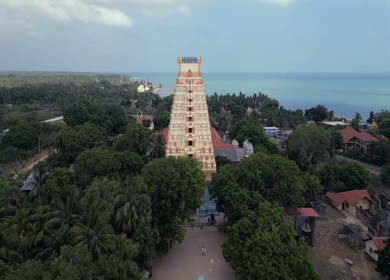 Aerial View of Naguleswaram Temple Keerimalai and Indian Ocean Jaffna Sri Lanka