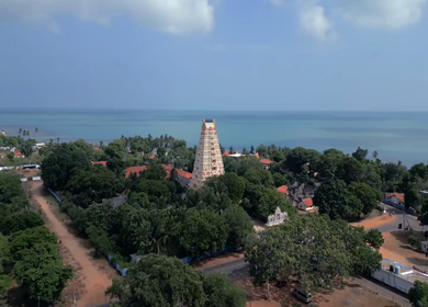 Aerial View of Naguleswaram Temple Keerimalai and Indian Ocean Jaffna Sri Lanka