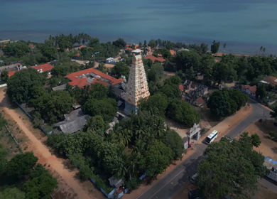 Aerial View of Naguleswaram Temple Keerimalai and Indian Ocean Jaffna Sri Lanka
