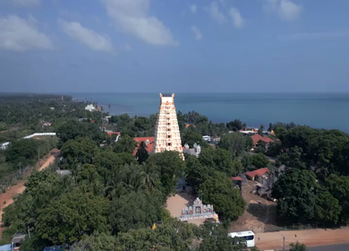 Aerial View of Naguleswaram Temple Keerimalai and Indian Ocean Jaffna Sri Lanka