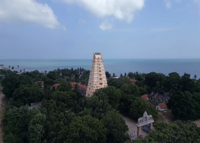 Aerial View of Naguleswaram Temple Keerimalai and Indian Ocean Jaffna Sri Lanka