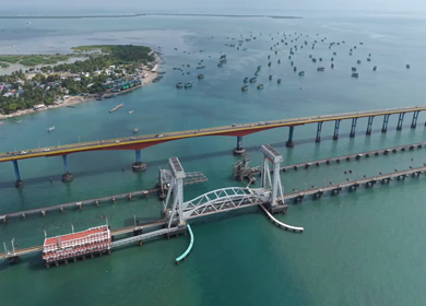 Aerial View of Pamban Bridge and Railway Bridge in Rameswaram Tamil Nadu India