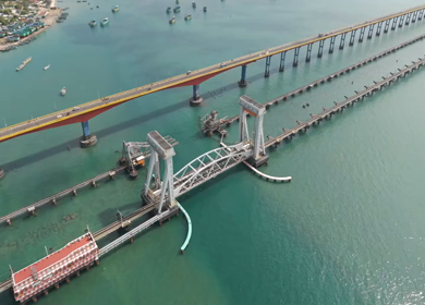 Aerial View of Pamban Bridge and Railway Bridge in Rameswaram Tamil Nadu India