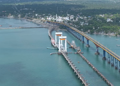 Aerial View of Pamban Bridge and Railway Bridge in Rameswaram Tamil Nadu India
