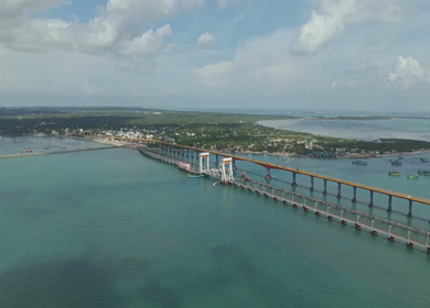 Aerial View of Pamban Bridge and Railway Bridge in Rameswaram Tamil Nadu India
