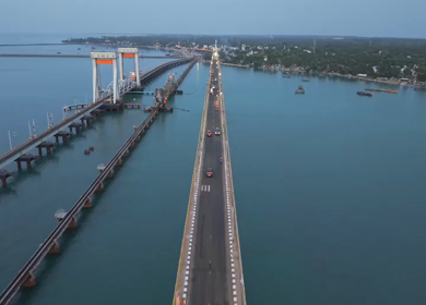 Aerial View of Pamban Bridge and Railway Bridge in Rameswaram Tamil Nadu India