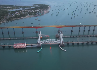 Aerial View of Pamban Bridge and Railway Bridge in Rameswaram Tamil Nadu India