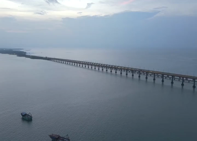 Aerial View of Pamban Bridge and Railway Bridge in Rameswaram Tamil Nadu India