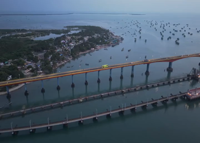 Aerial View of Pamban Bridge and Railway Bridge in Rameswaram Tamil Nadu India