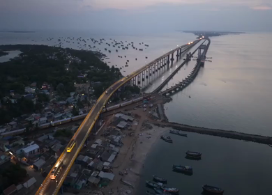 Aerial View of Pamban Bridge and Railway Bridge in Rameswaram Tamil Nadu India