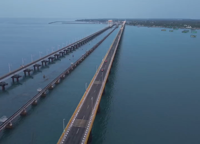 Aerial View of Pamban Bridge and Railway Bridge in Rameswaram Tamil Nadu India