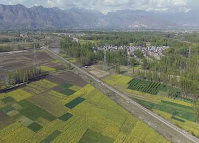 Aerial View of Pampore Farmland with Railway Track Srinagar Kashmir