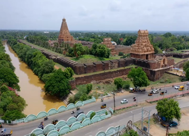 Aerial View of Periya Kovil Brihadeeswarar Temple in Thanjavur Tamil Nadu India