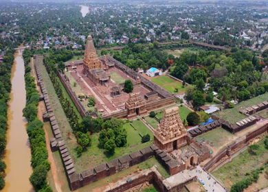 Aerial View of Periya Kovil Brihadeeswarar Temple in Thanjavur Tamil Nadu India