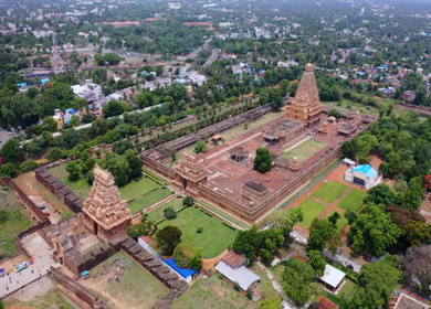 Aerial View of Periya Kovil Brihadeeswarar Temple in Thanjavur Tamil Nadu India