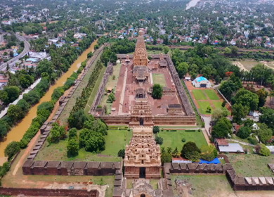 Aerial View of Periya Kovil Brihadeeswarar Temple in Thanjavur Tamil Nadu India