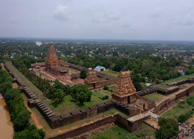 Aerial View of Periya Kovil Brihadeeswarar Temple in Thanjavur Tamil Nadu India