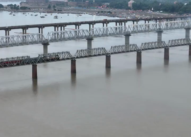 Aerial View of Prayagraj Sangam Bridges and Riverfront Uttar Pradesh India