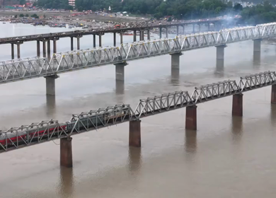 Aerial View of Prayagraj Sangam Bridges and Riverfront Uttar Pradesh India