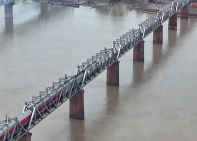 Aerial View of Prayagraj Sangam Bridges and Riverfront Uttar Pradesh India