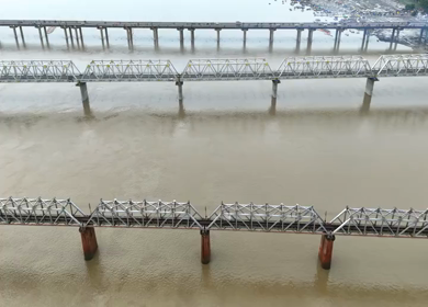Aerial View of Prayagraj Sangam Bridges and Riverfront Uttar Pradesh India