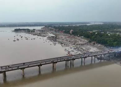 Aerial View of Prayagraj Sangam Bridges and Riverfront Uttar Pradesh India