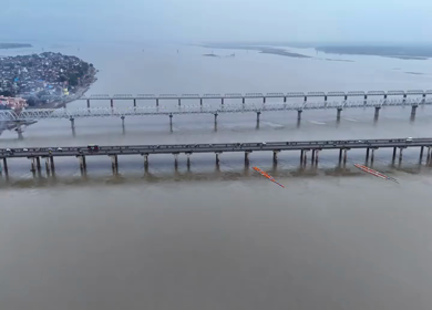 Aerial View of Prayagraj Sangam Bridges and Riverfront Uttar Pradesh India