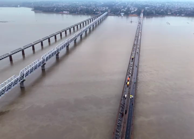 Aerial View of Prayagraj Sangam Bridges and Riverfront Uttar Pradesh India