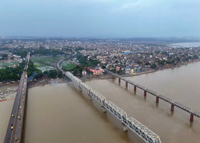 Aerial View of Prayagraj Sangam Bridges and Riverfront Uttar Pradesh India