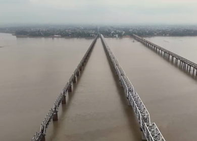 Aerial View of Prayagraj Sangam Bridges and Riverfront Uttar Pradesh India