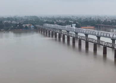 Aerial View of Prayagraj Sangam Bridges and Riverfront Uttar Pradesh India
