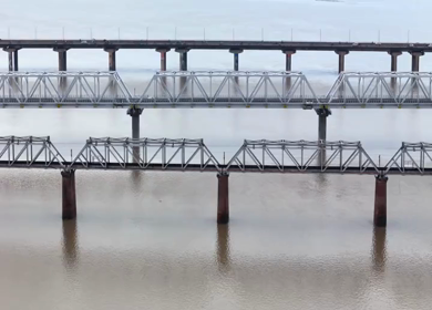 Aerial View of Prayagraj Sangam Bridges and Riverfront Uttar Pradesh India
