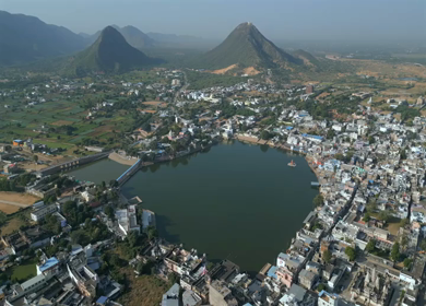 Aerial View of Pushkar Lake and Aravalli Hills in Rajasthan, India